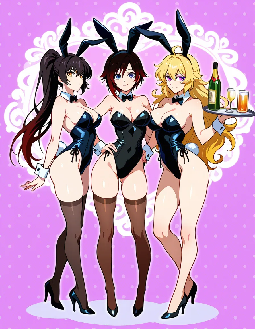 3girls , @yang_xiao_long , @ruby_rose , @blake_belladonna 

playboy_bunny , waitress , proud , full_body, hentai_studio_quality