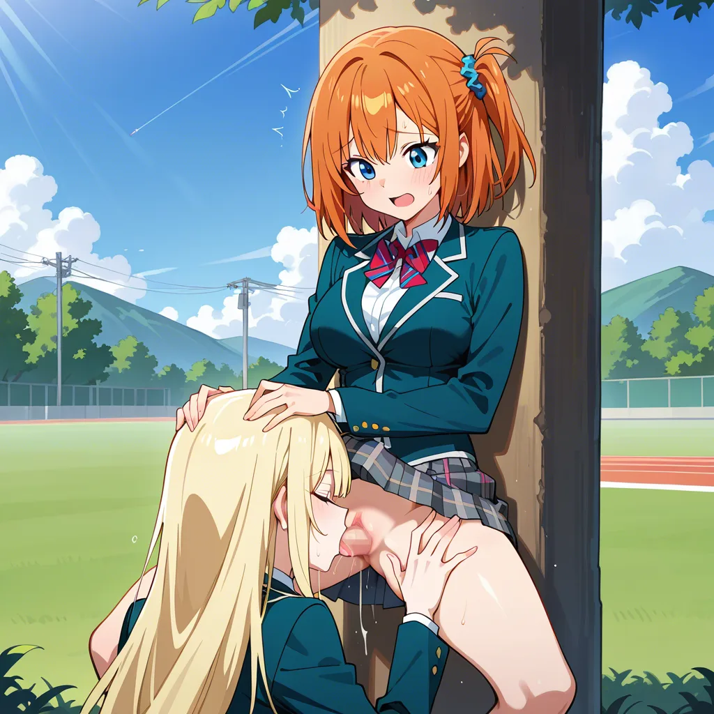school_uniform , outdoors detailed futa_with_female, oral, fff_threesome , vaginal, hentai_studio_quality