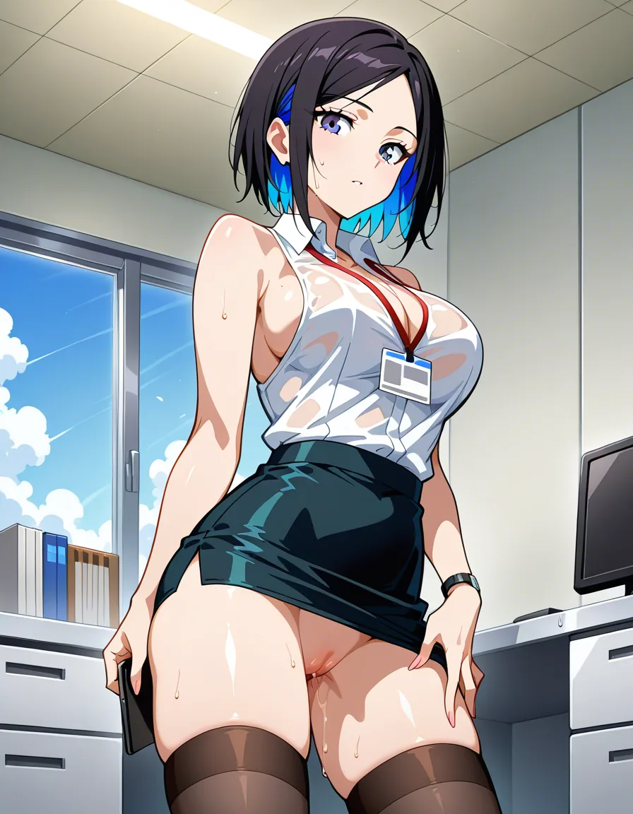 ultra detailed, office lady, wet pussy, sideboob, multicolored hair, anime style, hentai_studio_quality