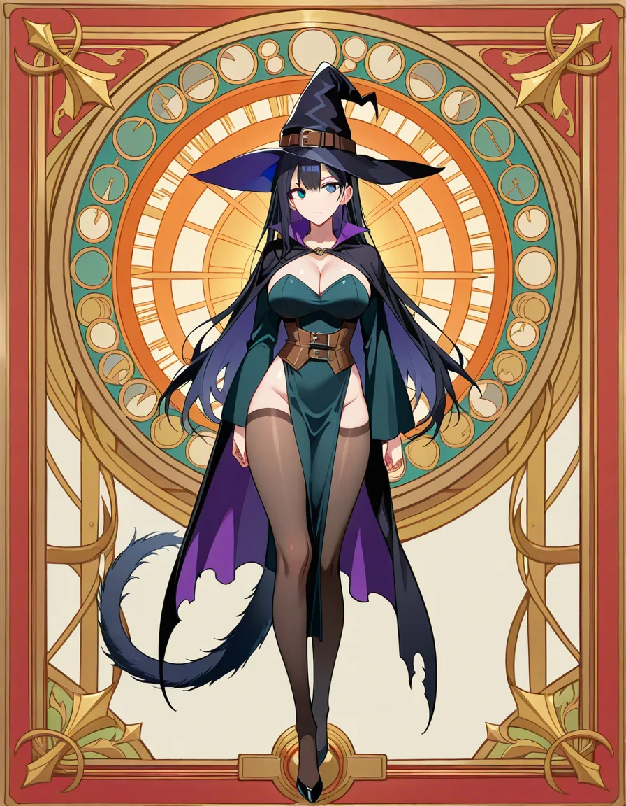 absurdres, highres, witch, tail, futanari, full body, manga panel look, hentai_studio_quality