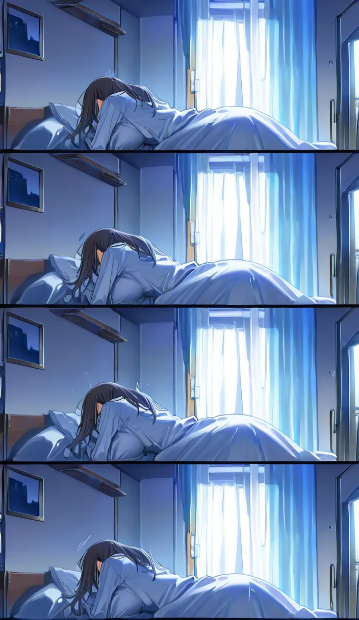Masterpiece, best quality, ultra-detailed, detailed background, rich colors, art by Himura Kiseki, *Tawawa on Monday*, 5-panel layout, 5 scenes. Scene 1: A high school girl and a man in a suit are having sex in the missionary position on a bed in an apartment bedroom. Scene 2: The man is thrusting vigorously, and the girl is gasping intensely; full-body shot of both. Scene 3: The man, with a look of pleasure, senses that he is about to ejaculate. Scene 4: Missionary-style sex; the man ejaculates, and the girl reaches the peak of pleasure, gasping intensely; full-body shot. Scene 5: The two bask in the afterglow. Includes Japanese sound effects, speech bubbles, and dialogue., hentai_studio_quality