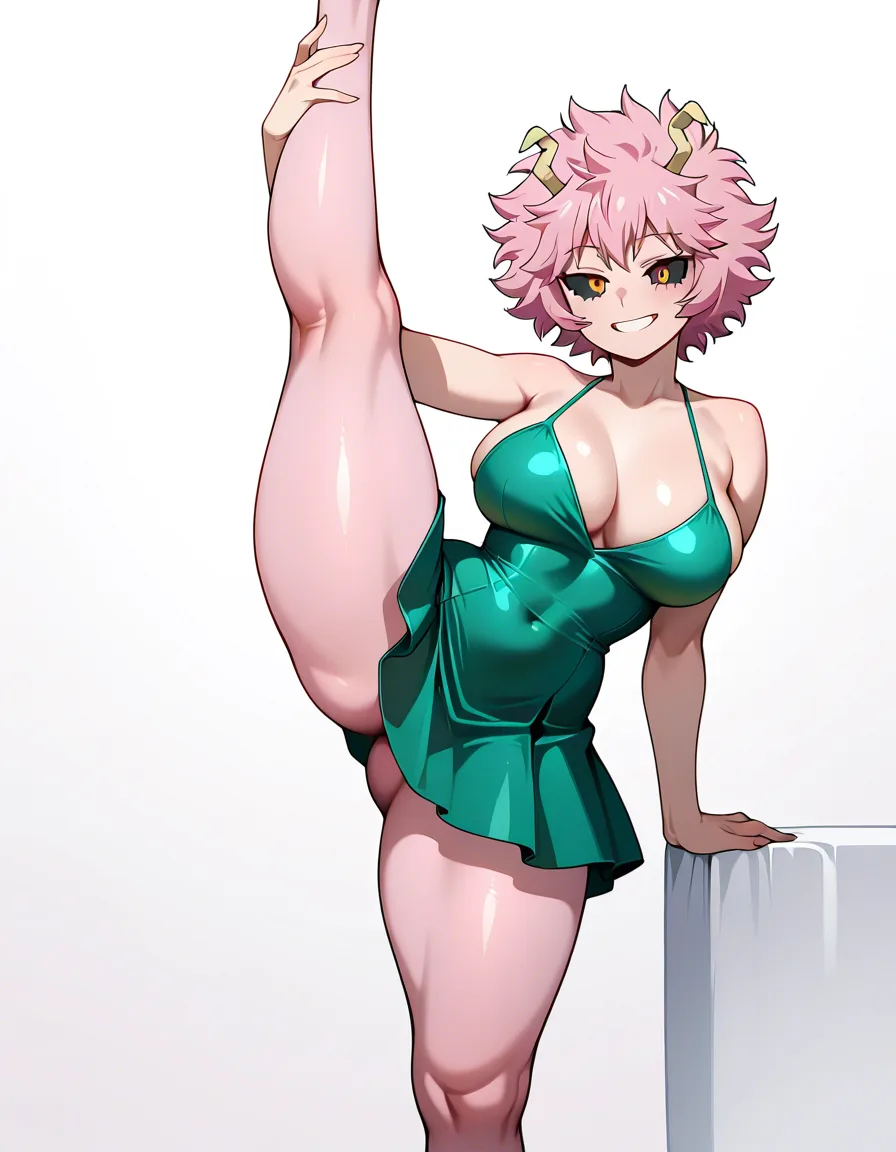 Mina Ashido from the anime Boku no Hero Academia, large breasts, thick thighs, tight green dress that reaches her legs, sensual standing pose, white background, smile, pink body 

#ultra-detailed anime, hentai_studio_quality, hentai_studio_quality, hentai_studio_quality, hentai_studio_quality, hentai_studio_quality, hentai_studio_quality, hentai_studio_quality, hentai_studio_quality