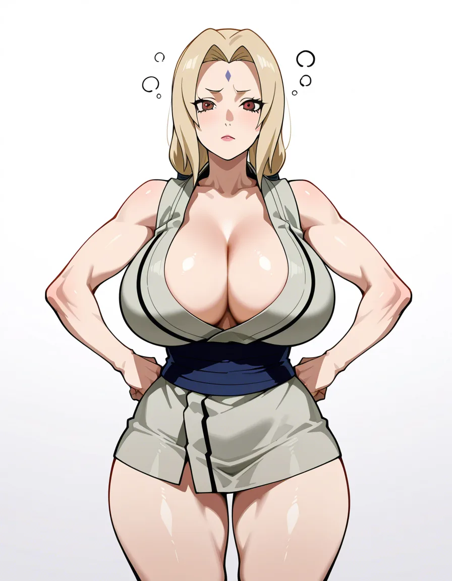 Mature female, MILF, Tsunade from Naruto, large breasts, thick thighs, athletic body, hands on her hips, tired face, white background.
ultra-detailed, sharp focus, 8k, absurdres, very detailed, high resolution, illustration, anime-influenced., hentai_studio_quality, hentai_studio_quality