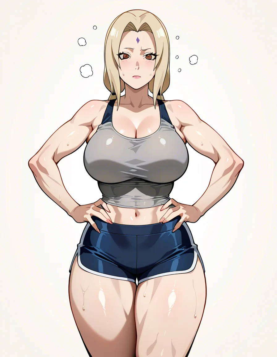 Mature female, MILF, Tsunade from Naruto, large breasts, thick thighs, athletic body, hands on her hips, tired face, white background. 

ultra-detailed, sharp focus, 8k, absurdres, very detailed, high resolution, illustration, anime-influenced., hentai_studio_quality, hentai_studio_quality, hentai_studio_quality, hentai_studio_quality