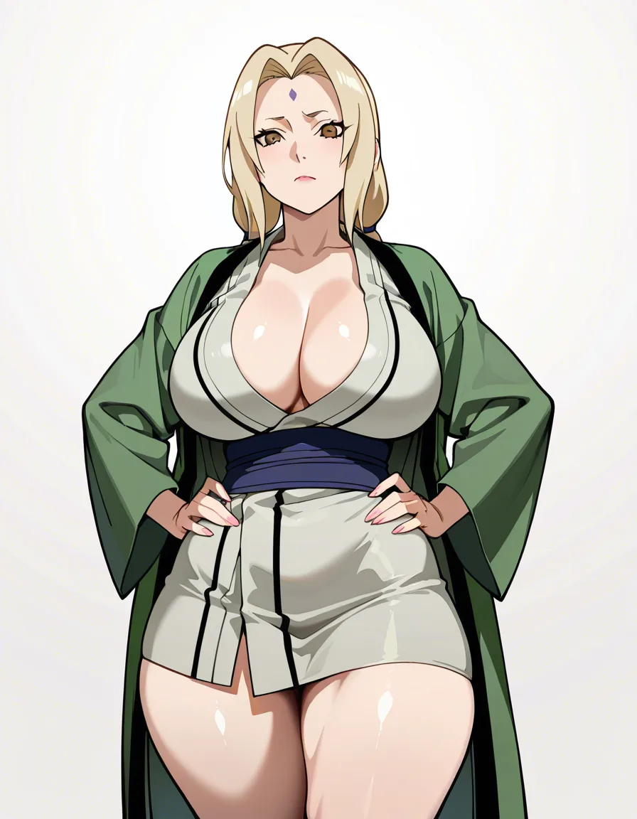 Mature female, MILF, Tsunade from Naruto, large breasts, thick thighs, hands on her hips, tired face, white background. 

ultra-detailed, sharp focus, 8k, absurdres, very detailed, high resolution, illustration, anime-influenced., hentai_studio_quality, hentai_studio_quality, hentai_studio_quality, hentai_studio_quality, hentai_studio_quality, hentai_studio_quality