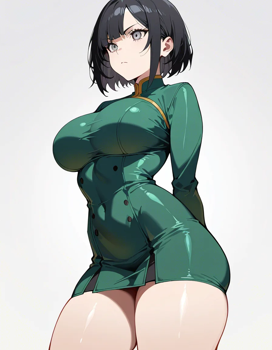 1girl, Short black hair, gray eyes, large, round breasts, thick thighs, tight green dress, arms_behind_back, serious expression, white background. 


(Masterpiece quality, ultra-detailed, sharp, waifu fanart, mega quality),, hentai_studio_quality, hentai_studio_quality, hentai_studio_quality