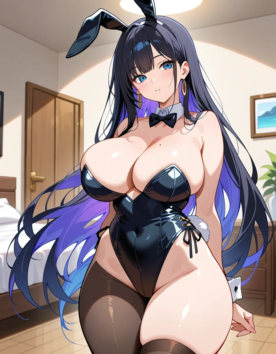 masterpiece, clean art, bunny girl, pants, wide_hips, thick_thighs, bedroom, huge_breasts, hentai_studio_quality