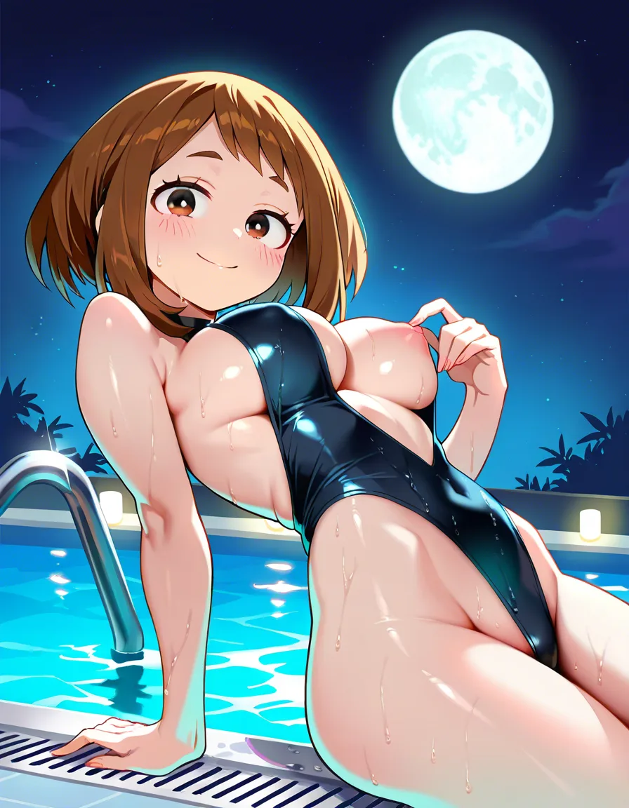best quality, explicit detail,@uraraka_ochaco,18+ , brown_hair , perfect body,rounded hips,  detailed body, medium_breasts , (black backless open sides open belly, open breast swimsuit: 1.0), night, night moon soft smooth dim light, seductive smile, emerges from the pool, leaning on the edge of the pool with his hands, Inside the house pool, behind back view, hentai_studio_quality