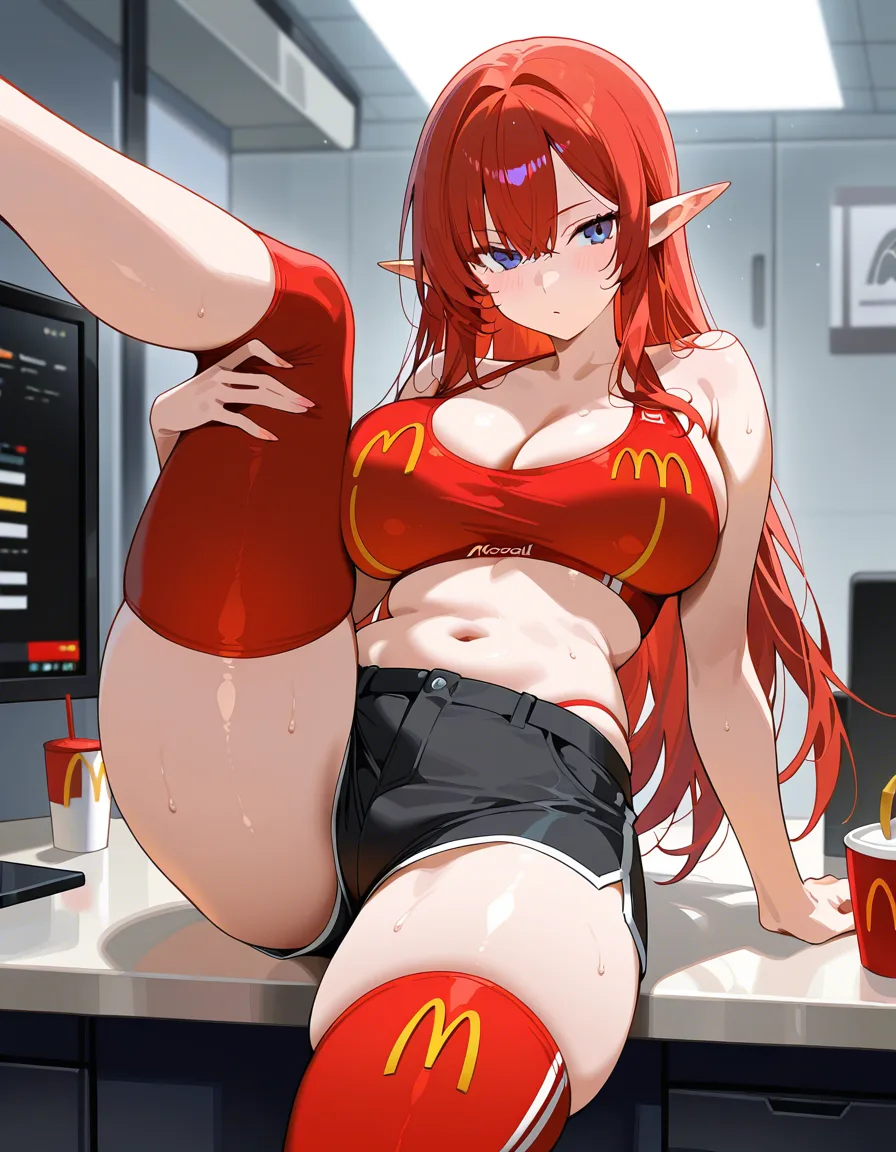 thick_thighs , elf, red_hair , McDonald's_work_outfit, large_breasts, hentai_studio_quality