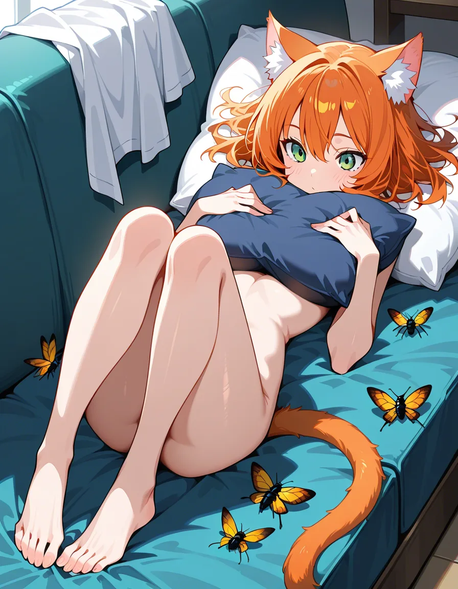 masterpiece, best quality, catgirl, fully nude, feet, orange hair, pillow, manga panel look, bug, hentai_studio_quality