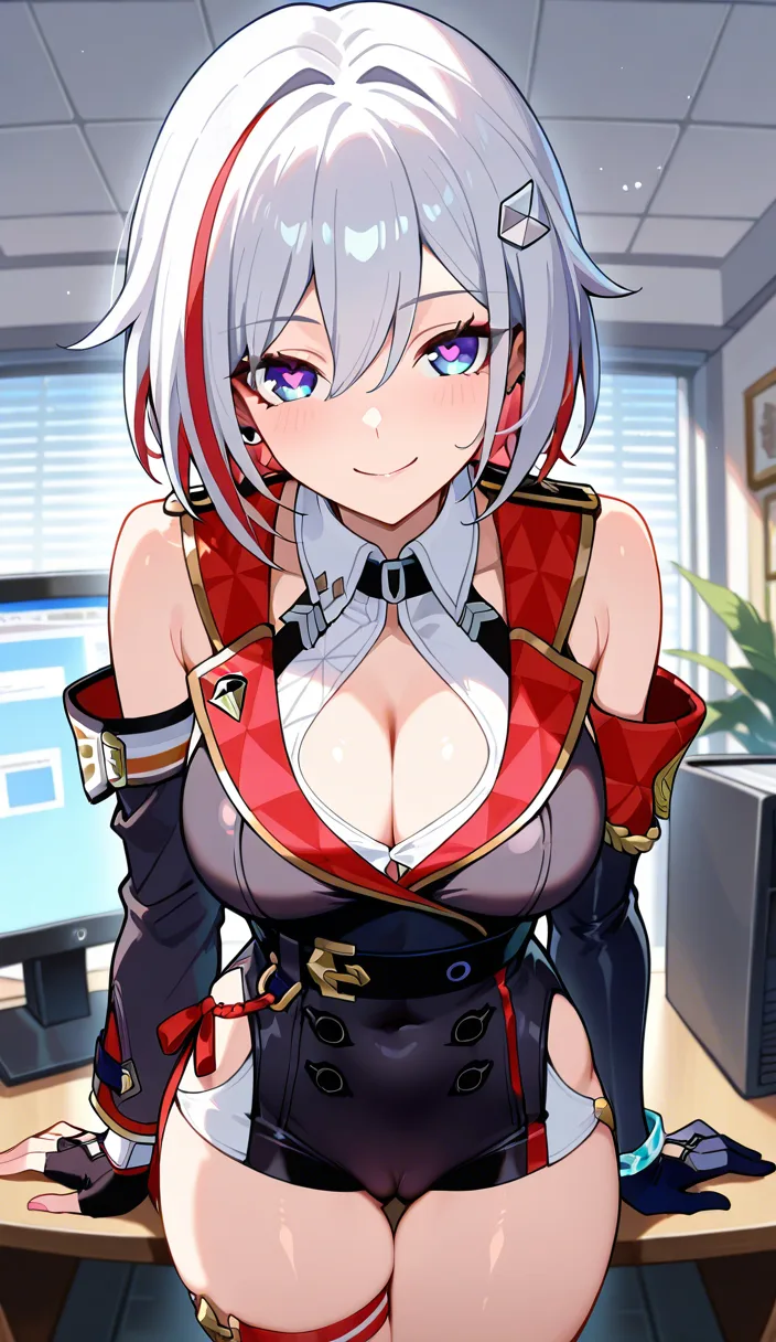 Masterpiece, Honkai star rail, 1girl, Topaz, girly smile, lightweight body, thighs together, thighs up on air together, outfit, cameltoe, boss office, Heart eyes look at eyes.,,, value:0.1 for: hentai_studio_quality.,,,,,, hentai_studio_quality
