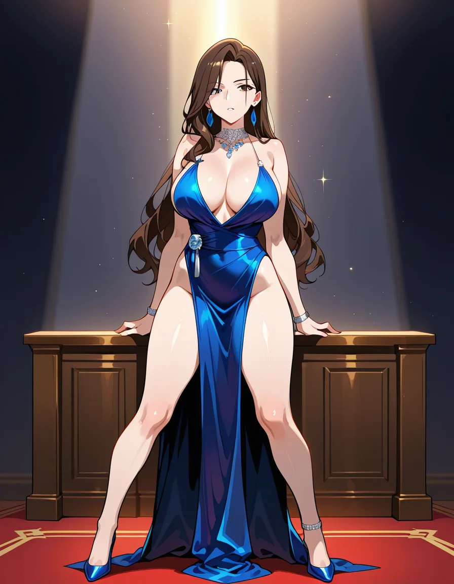 absurdres, highres, brunette woman, evening gown, presenting, intense passion, hentai style, hentai_studio_quality