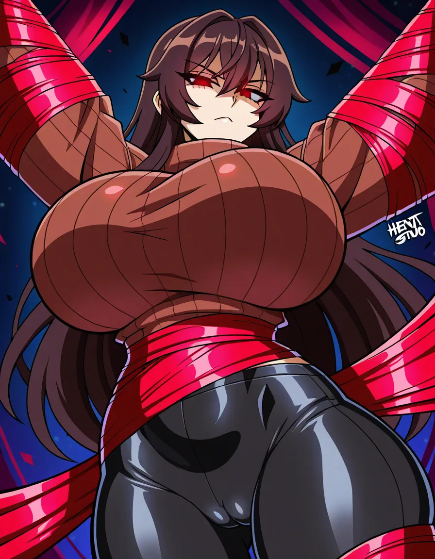 in the style of SemiDraws, 
Siyeon Reality Quest, short dark brown hair, sharp cold eyes, 
enormous breasts tightly wrapped in white cropped sweater, fabric stretched and strained, 
thick juicy ass in tight black pants, cameltoe, 
detailed body, shiny skin, seductive yet serious face, nsfw, highly detailed, hentai_studio_quality