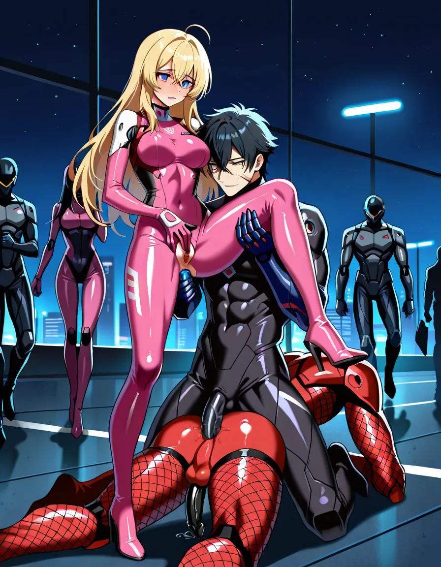 professional photo, high detail, fitness model, 69 position, scar, night, shy, fishnets, pink_latex_suit, @makise_kurisu, anal_object_insertion, female_masturbation, #6+boys, science_fiction, mechanical_arms, princess_carry, walking, femdom, clitoris, black_choker, hentai_studio_quality