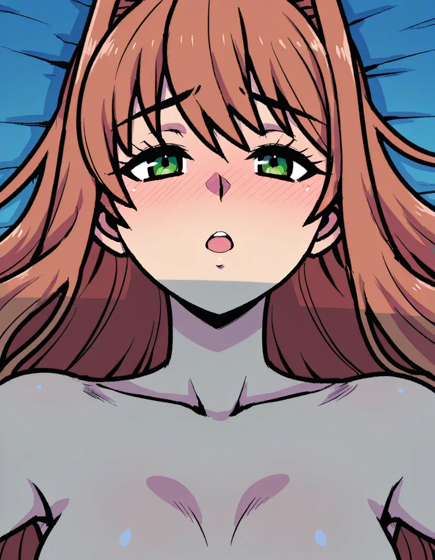 akairiot_artstyle, @monika_(doki_doki_literature_club), 1girl, hair_down, blush, moaning, lying, on_back, on_bed, looking_at_viewer, eye_contact, pov, (anime style:1.3), 2d, anime screencap, cel shading, flat color, @00osamio00