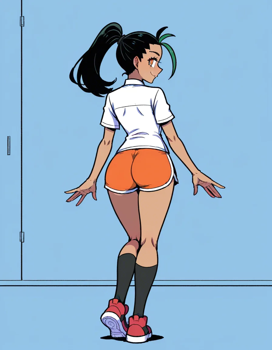 absurdres, akairiot_artstyle, @nemona_(pokemon), 1girl, smile, blush, dolphin_shorts, orange_shorts, ass, standing, looking_at_viewer, eye_contact, full_body, from_behind, (anime style:1.3), 2d, anime screencap, cel shading, flat color, @00osamio00