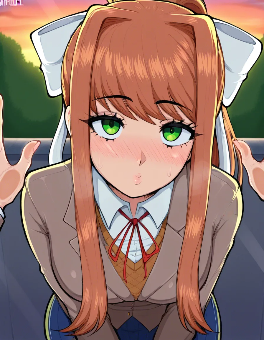 afrobull_artstyle, @monika_(doki_doki_literature_club), 1girl, solo, blush, looking_at_viewer, eye_contact, fourth_wall, against_fourth_wall, leaning_forward leaning_towards_viewer, pov, against_glass, kissing, kissing_glass, hands_against_glass, outdoors, sky, (anime style:1.3), 2d, anime screencap, cel shading, flat color, @00osamio00