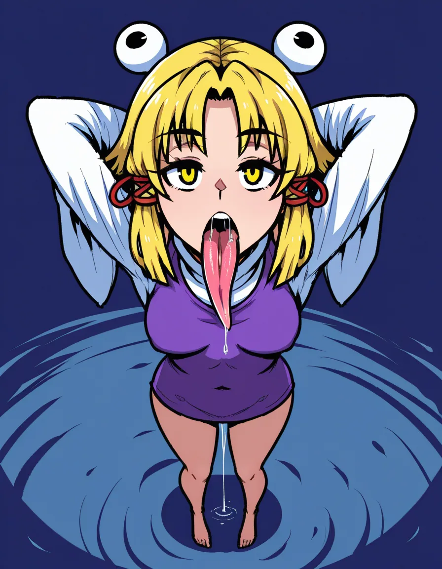 akairiot_artstyle, @moriya_suwako, 1girl, solo, blonde_hair, short_hair, aged_up, small_breasts, arms_behind_head, open_mouth, tongue_out, very_long_tongue, saliva, drooling, dripping, looking_at_viewer, standing, full_body, (anime style:1.3), 2d, anime screencap, cel shading, flat color, @00osamio00