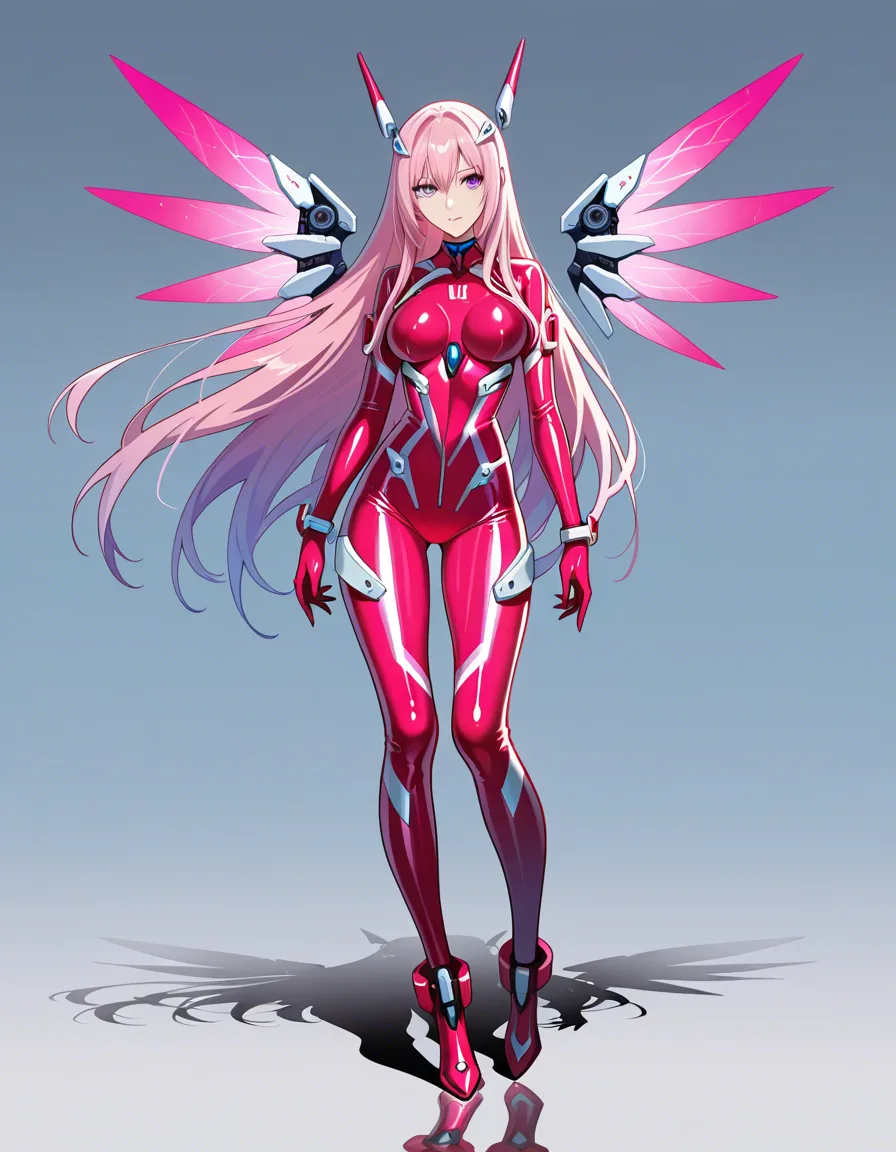 RAW photo, ultra realistic, 1girl, very long hair, wings, @makise_kurisu, ultra HD, lifelike, pink_latex_suit, science_fiction, simple_background, hentai_studio_quality