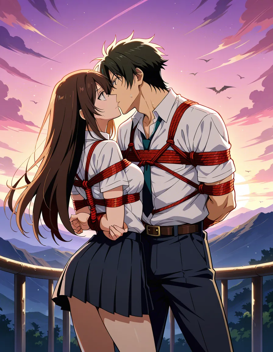 masterpiece, clean art, couple, pleated skirt, bondage, sky, intense passion, "kogeikun" artwork style, hentai_studio_quality