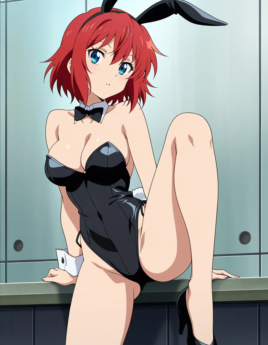 masterpiece, fine detail, bunny girl, naked, leg up, confident gaze,, (anime style:1.3), 2d, anime screencap, cel shading, flat color