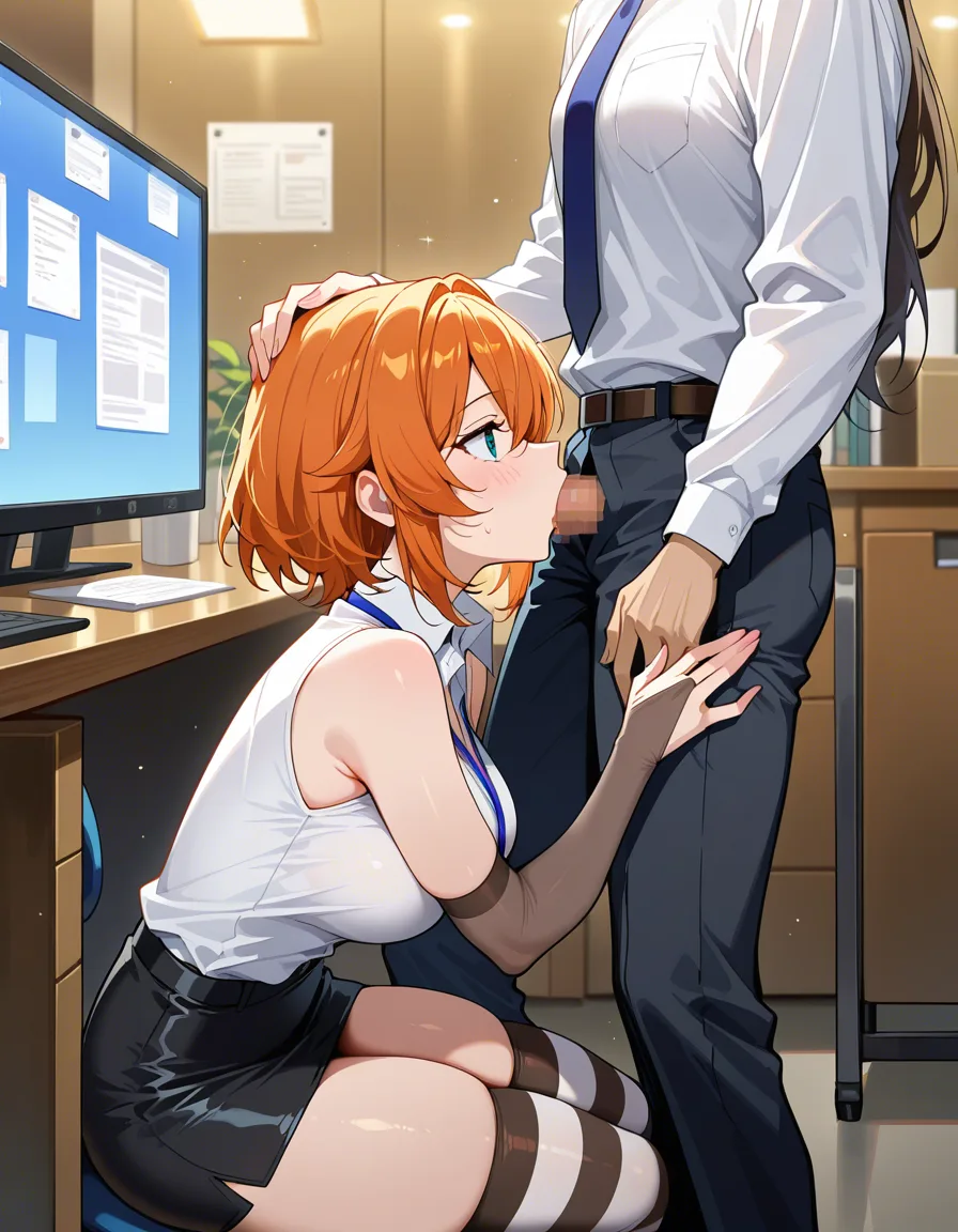 ultra detailed shading, 2girls , blowjob, striped_thighhighs s, depth office_lady field, eroge aesthetic, hentai_studio_quality