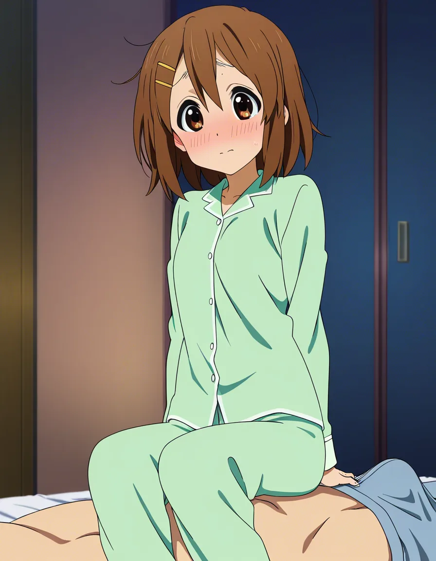 @hirasawa_yui, petite, pajamas, sitting_on_person, embarrassed, he is on_back on_bed, her butt is on his bulge,, (anime style:1.3), 2d, anime screencap, cel shading, flat color, @00osamio00