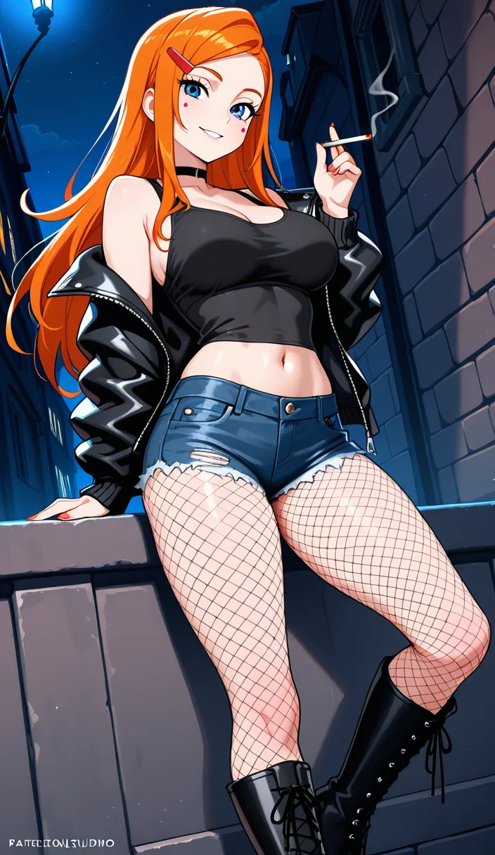 1woman, heidiw, young adult (19 to 21), cerulean blue eyes, medium-length orange hair, red hairclip, black_choker, black_jacket, black_tank_top, denim_shorts, fishnet_pantyhose, high_heel_boots, holding_cigarette, large_breasts, beauty mark on left cheek, smile, looking at viewer, bedroom eyes, navel, disney, alleyway, night, best quality,