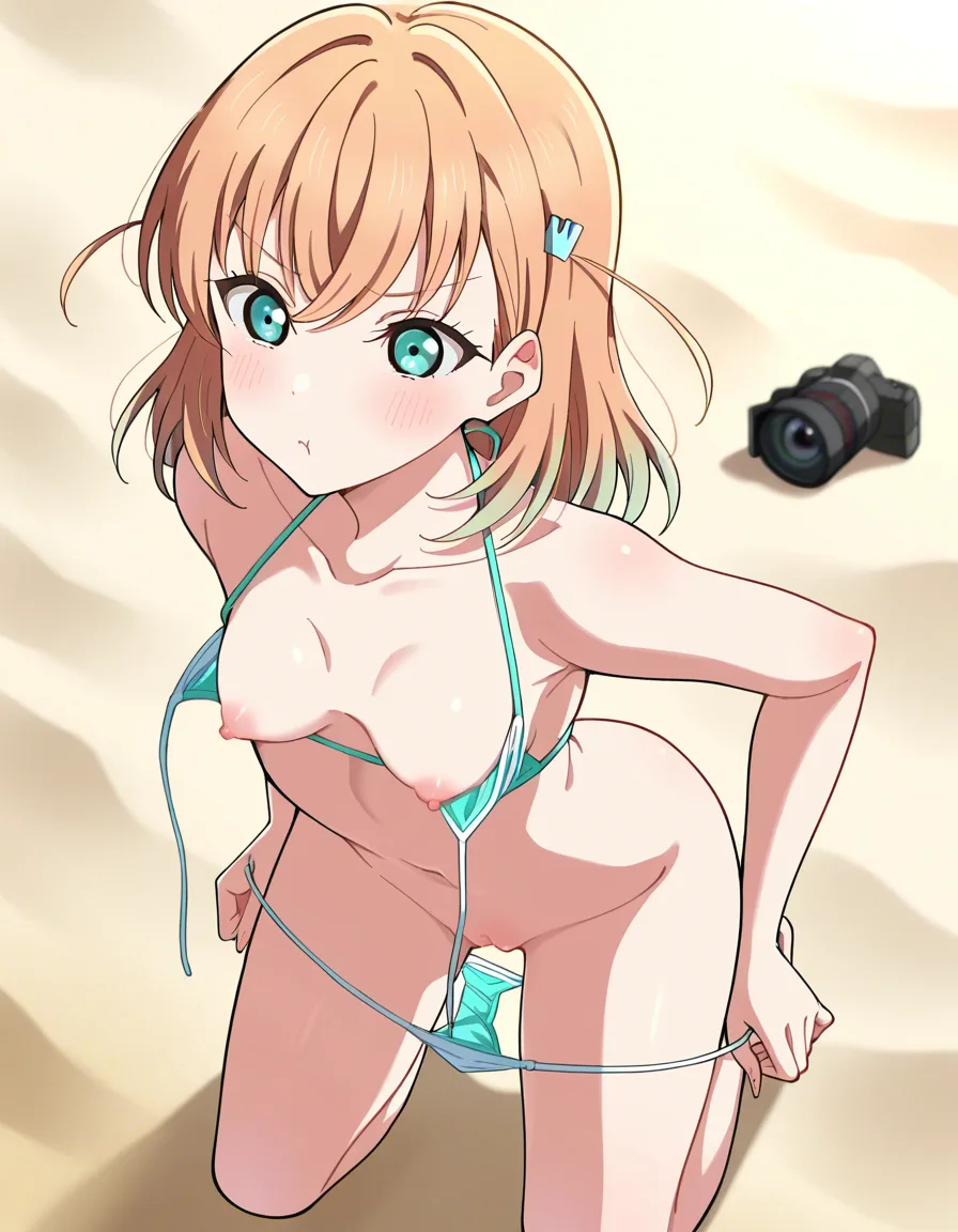 high quality, kaho hinoshita, peeled back swimsuit, undressing, bikini, exposed pussy, exposed nipples, 18 years old, small breasts, cute, kneeling, begging, beach, full body, top down angle, kaho love live, pretty girl, taking off bikini, bare breasts, breasts squeezed together, looking at camera, pouting, erotic expression, blush, love live art style, hentai_studio_quality