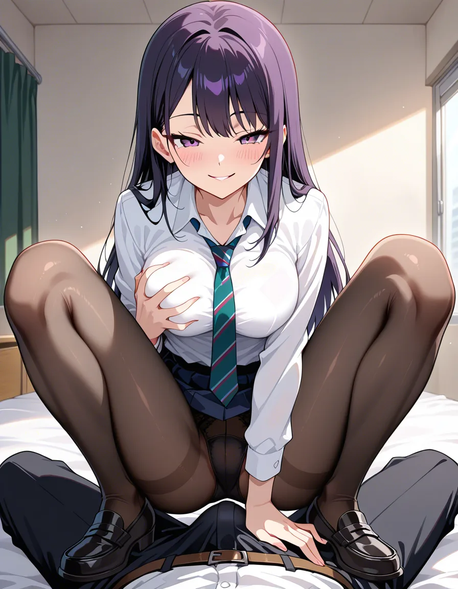 pantyhose, 1girl, 1boy, school_uniform, dress_shirt, necktie, loafers, black_footwear, pov, bulge, groping, bulge, seductive_smile, male_underwear, blush, on_bed, full_body, naughty_face, looking_down, hentai_studio_quality