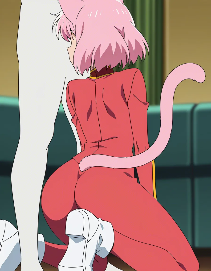 absurdres, highres, catgirl, blowjob, white footwear, tail, blurry background, studio anime look, (anime style:1.3), 2d, anime screencap, cel shading, flat color