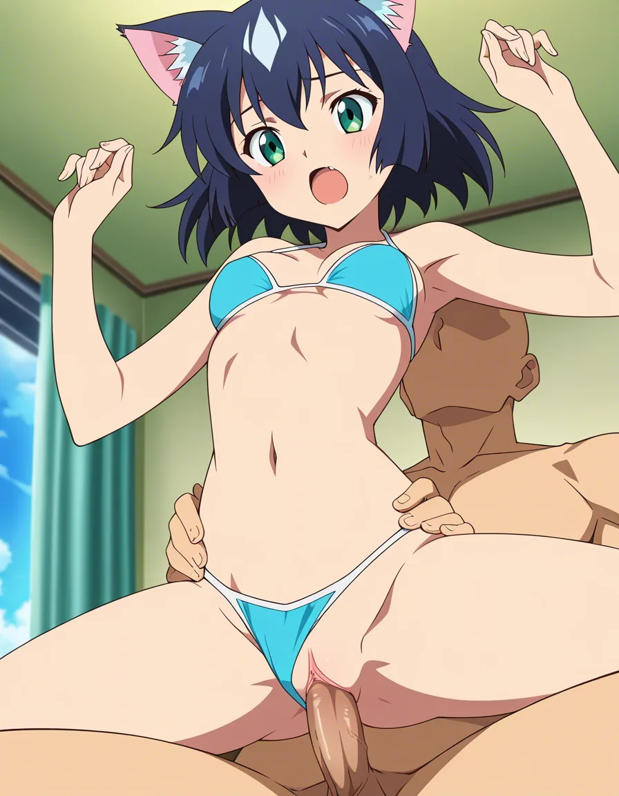 1girl, double_penetration , uncensored , bikini , cat_girl, small_breasts, (anime style:1.3), 2d, anime screencap, cel shading, flat color