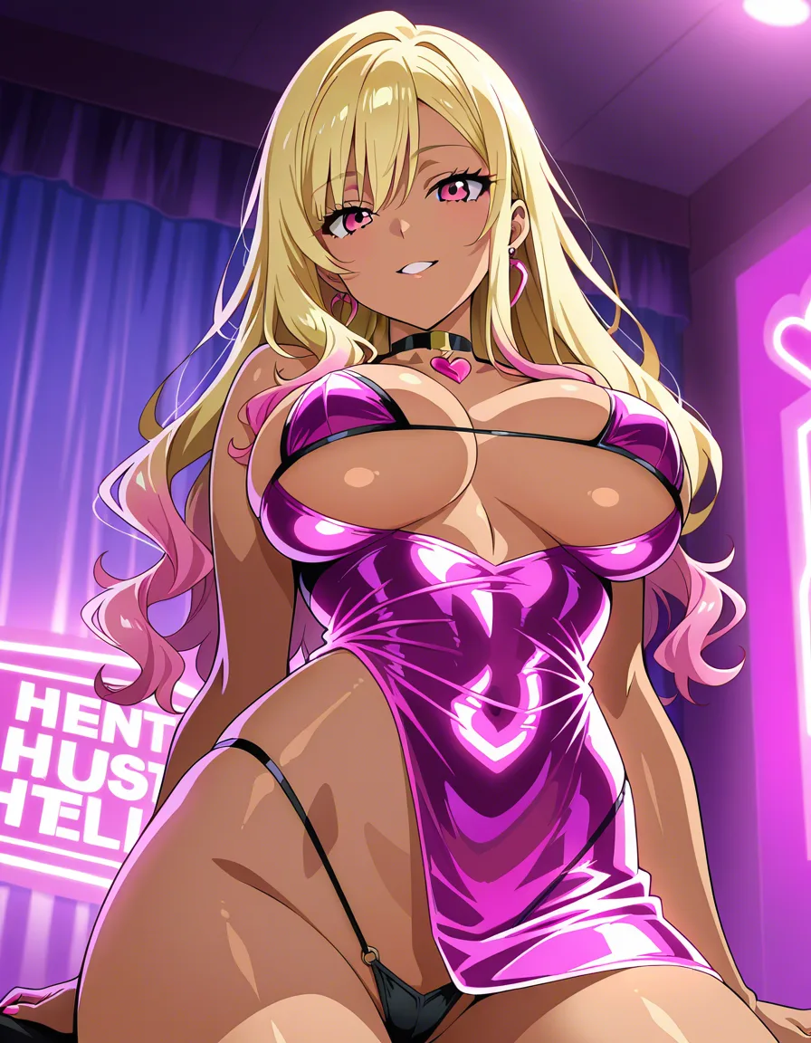 Pink and black micro lingerie set, tiny push-up bra, string thong, sheer open micro dress on top, gyaru accessories, anime art, lewd love hotel outfit, soft indoor lighting., hentai_studio_quality