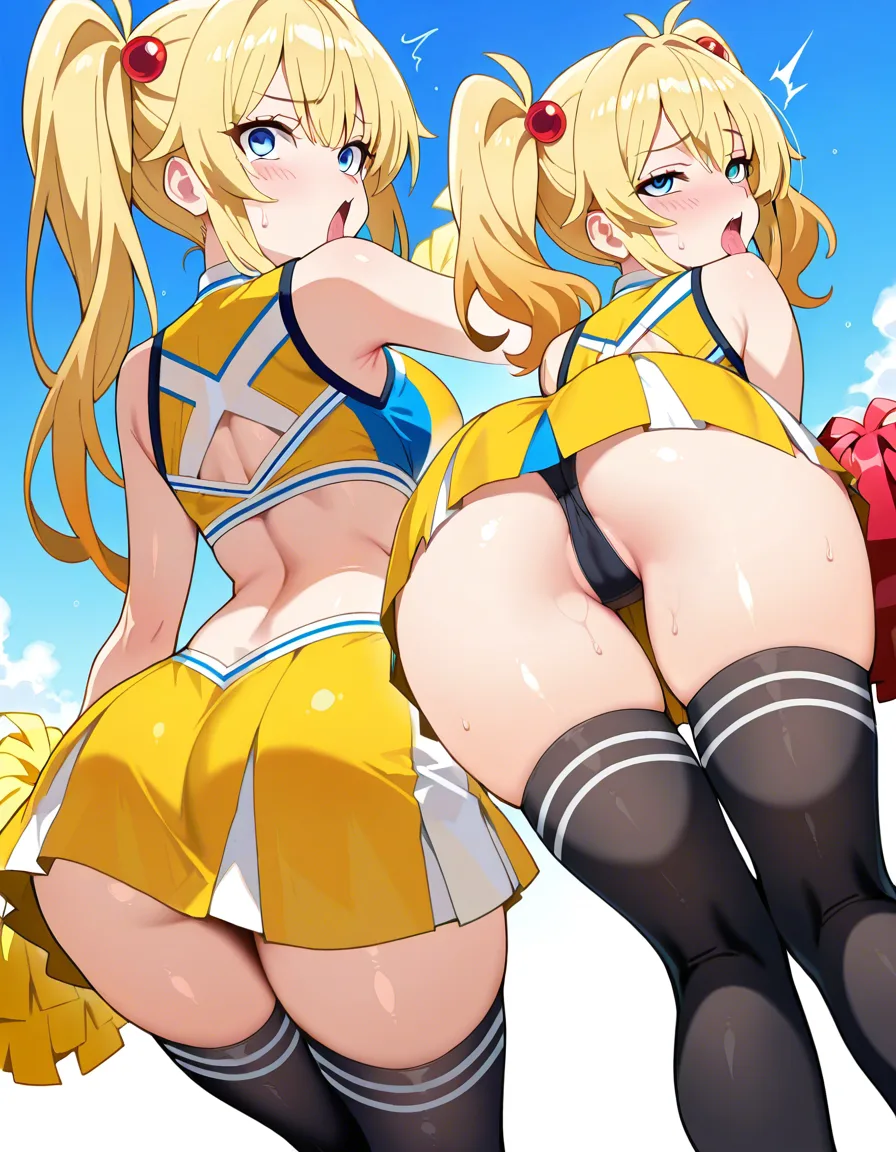 Masterpiece, best quality, detailed anime hentai illustration, exact recreation of the scene: a voluptuous blonde girl with pink-tipped twin tails, blue eyes, wearing a yellow and blue cheerleader crop top, black thigh-high socks with white stripes, holding large red pom-poms, bent over at the waist looking back over her shoulder with a flushed, ahegao-like orgasm face, mouth open, eyes half-lidded. A muscular nude man with short black hair stands behind her, one hand gripping her hip, penetrating her from behind in a standing doggy position outdoors. Both characters are climaxing intensely: thick white cum dripping heavily from her vagina and down her thighs, more cum squirting and splashing from the penetration, some on her ass and lower back, glossy wet skin with strong highlights, sweat, and fluids. Background: chain-link fence, blue sky with clouds, concrete wall, bright daylight. Clean cel-shaded anime style, vibrant colors, high detail on faces, bodies, clothing, and fluids., hentai_studio_quality