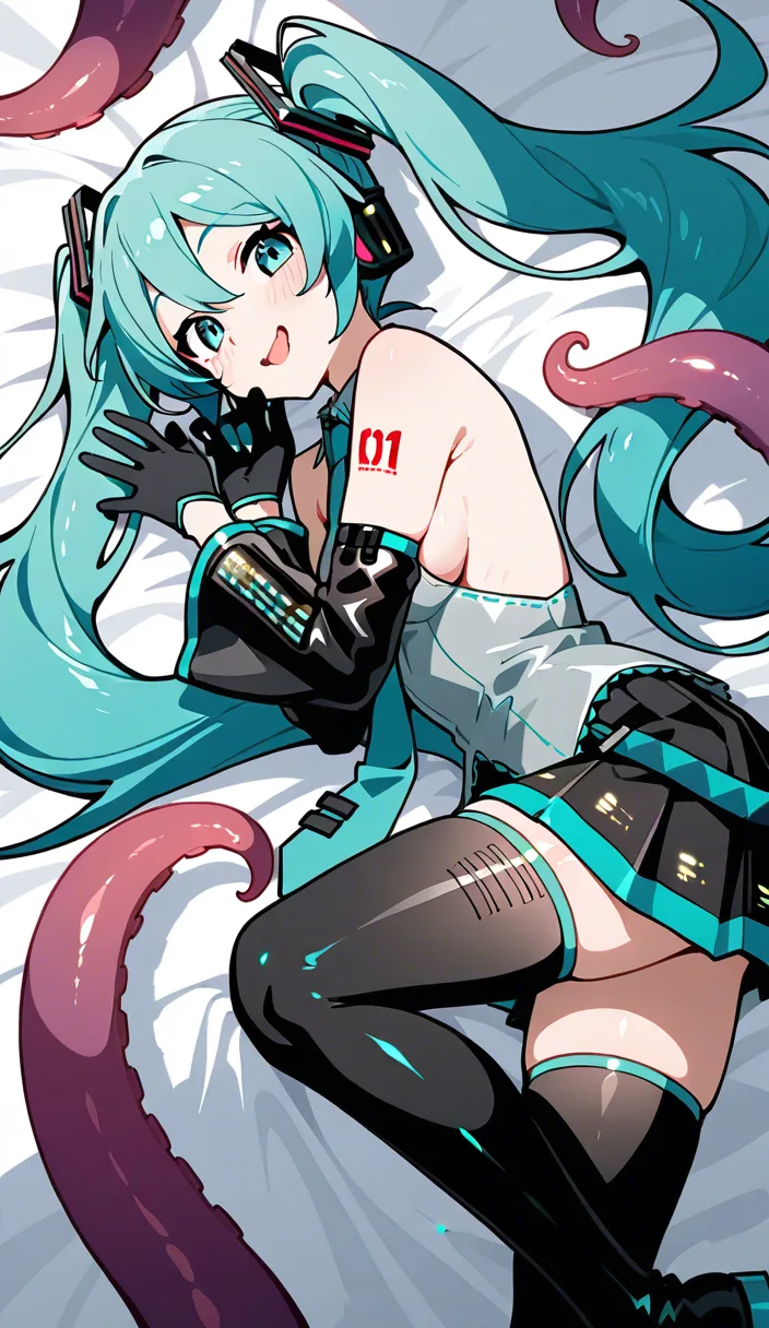 best quality, clean lines, 1boy, sideboob, black gloves, tentacle, bed sheet, playful expression, three-quarter view, cel shading, Hatsune Miku