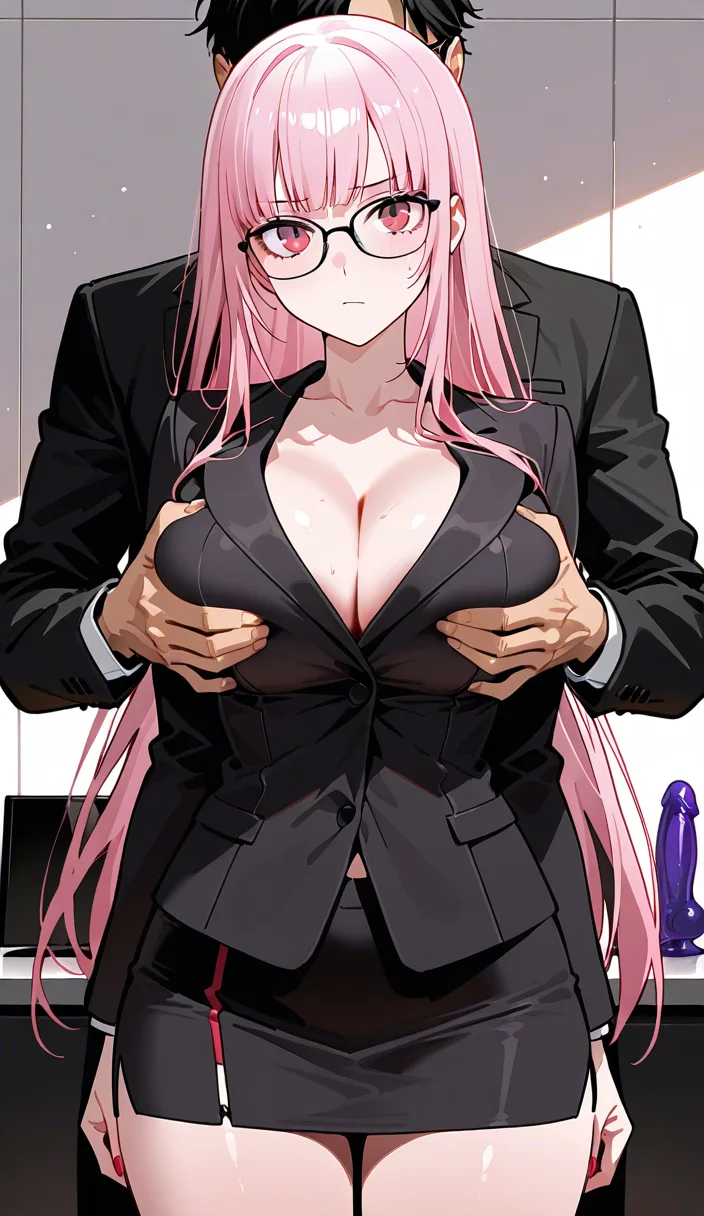 #looking_at_viewer, grabbing_another's_breast, grabbing_from_behind, dildo, @mori_calliope, glasses, suit