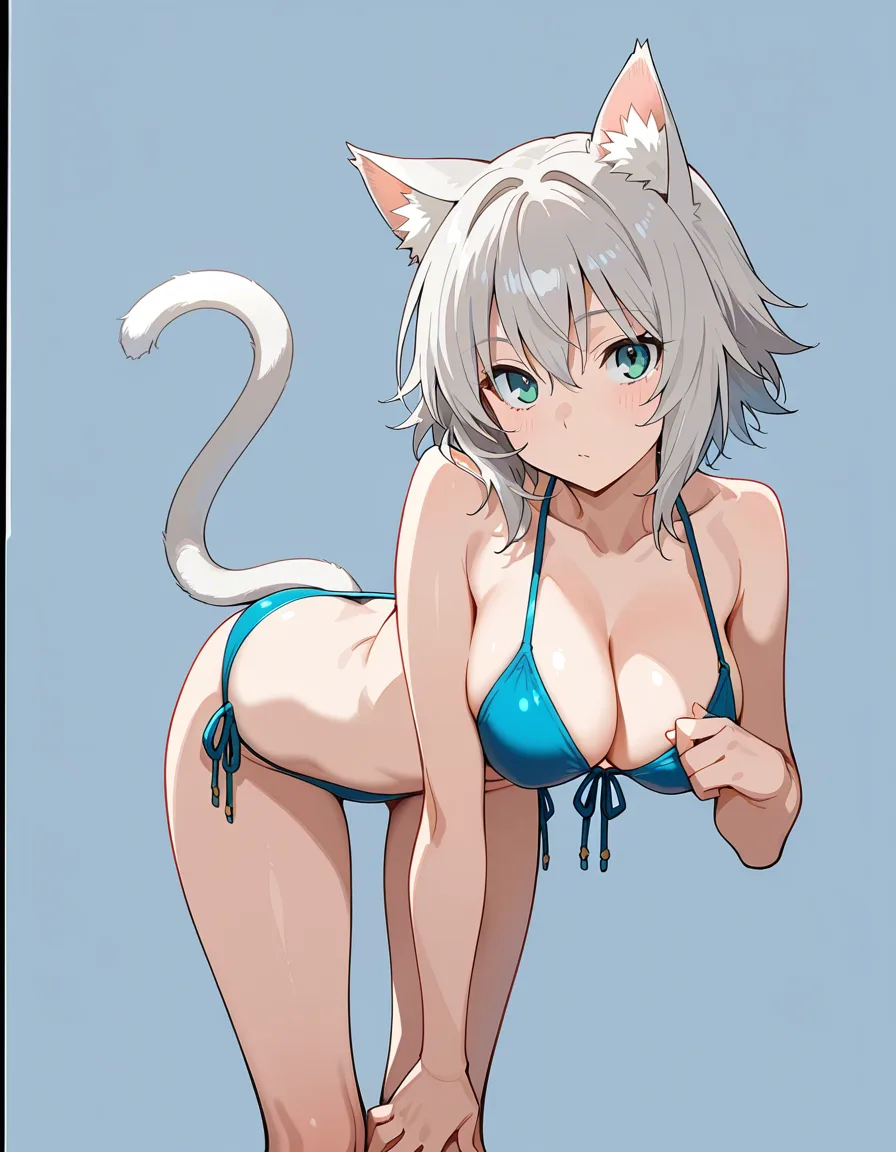 masterpiece, best quality, catgirl, bikini, bent over, visual novel art, hentai_studio_quality