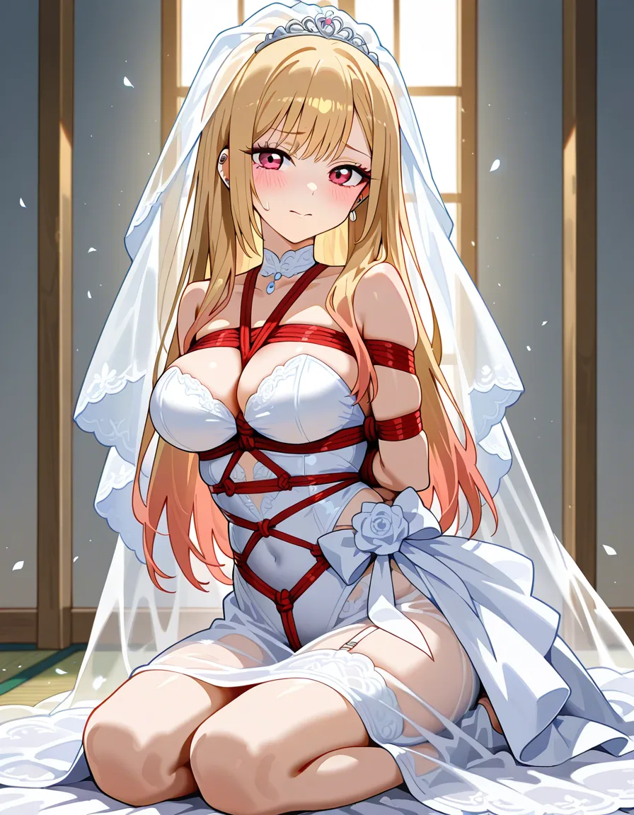 @kitagawa_marin, wedding_dress, kneeling, bondage, hentai_studio_quality