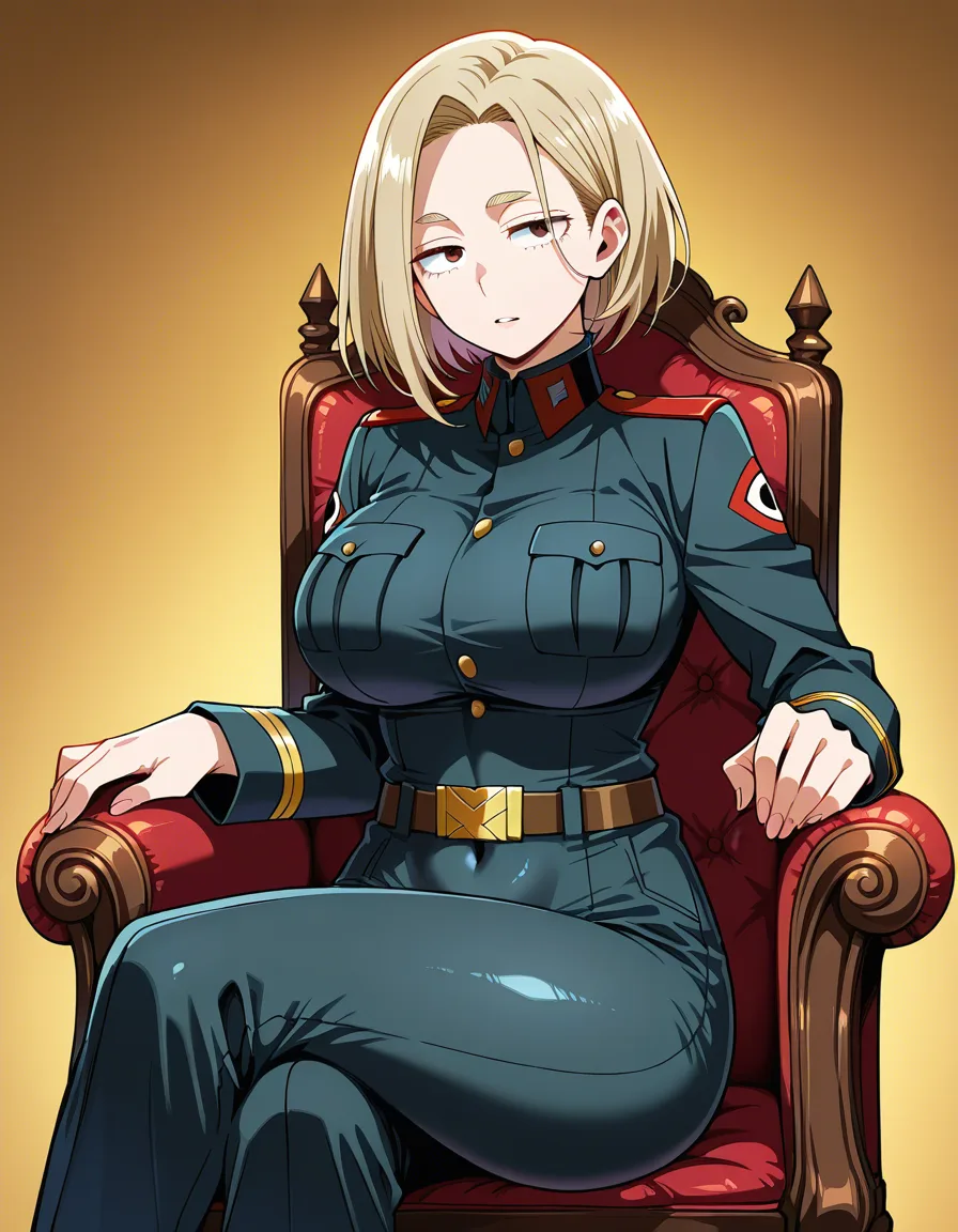 ultra detailed shading, mature female, sitting on chair, @uraraka_ochaco , covered navel, military, visual novel art, hentai_studio_quality