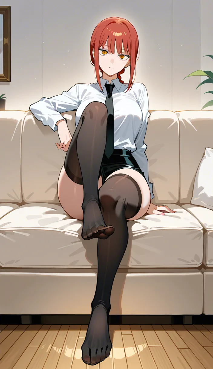 @makima_(chainsaw_man) #white_shirt #tie #black_thighhighs #looking_at_viewer #feet #sitting, hentai_studio_quality