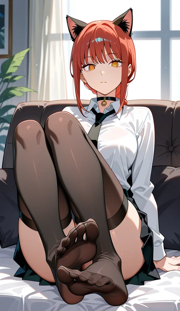 @makima_(chainsaw_man) #white_shirt #tie #black_thighhighs #looking_at_viewer #feet #sitting #choker the toes stretch up #cat_ears /high-res her feet  #feet #legs_together, hentai_studio_quality