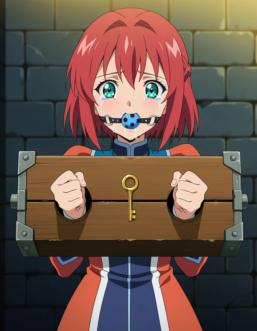dungeon, female, stocks, bondage, ball gag, crying, key,, (anime style:1.3), 2d, anime screencap, cel shading, flat color