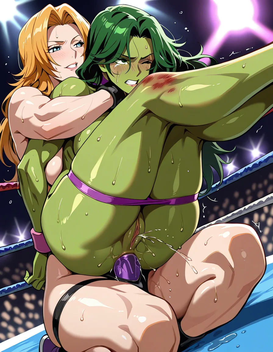 2girls , Best_quality, ultra_detailed,she-hulk, @matsumoto_rangiku , yuri sex ,wrestling_ring wrestling defeated, pussy_juice squirting orgasm , sweat bruised strap-on anal full_nelson nude crying-wince, hentai_studio_quality