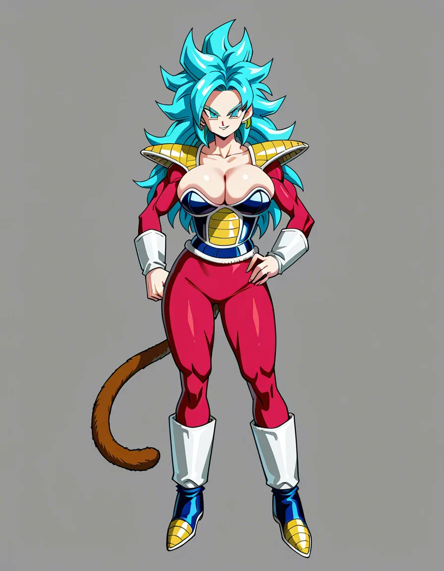 Girl, Saiyan_girl, massive_breasts, massive_ass, Saiyan_armor, Monkey_tail, full_body, Broken_armor, evil_smile, long_hair, standing, Front_view, Super_saiyan_1, hentai_studio_quality