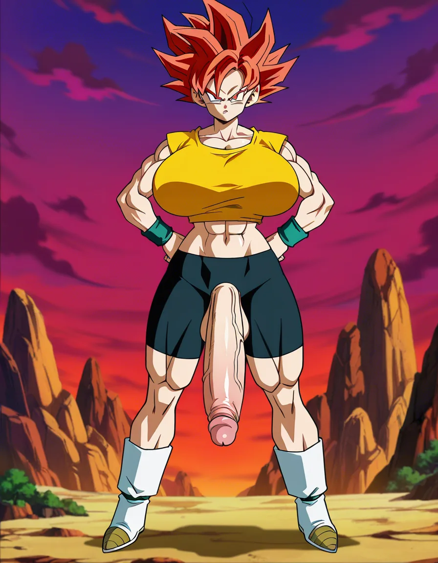 Girl, Saiyan_girl, gigantic_breasts, gigantic_ass, Futanari, gigantic_penis, red_hair, standing, Super_saiyan_2, Golden_hair, no_shirt, muscular_female, angry, looking_at_viewer, (anime style:1.3), 2d, anime screencap, cel shading, flat color