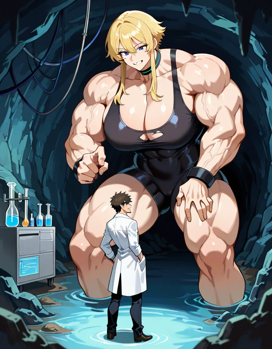 Giant muscular_female, petite male, male stubble, adults, extreme size_difference, femdom, male scientist lab_coat, female skin_tight torn_clothes jumpsuit holes, female sleeveless torn_shirt, female bare_arms bare_legs bare_pectorals, female blonde_hair short_hair_with_long_locks , underground lab, lab experiment, science_fiction , pinned male against_wall, assertive_female, serious dominant female looking_at_another, nervous blush male looking_up , breast_press, male black medium_hair, female abs, female big biceps, female big shoulders, female thick_thighs, female huge_ass, female wide_hips, huge_breasts, gigantic tall female, male narrow_waist, scary female, domination, eye_contact, aged_up, hentai_studio_quality