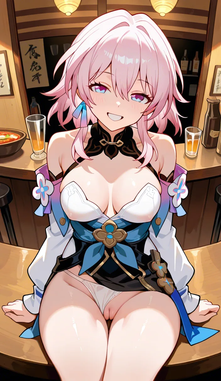 masterpiece, march 7th , from honkai starrail, the hunt form (xianzhou wardance) outfit, natural medium_breasts not hanging, look at viewer, free hands, sitting, pussy, recrossing thighs, panties aside, half closed eyes, energized smile, restaurant background, dont hentai_studio_quality out of prompt., hentai_studio_quality, hentai_studio_quality, hentai_studio_quality, hentai_studio_quality, hentai_studio_quality, hentai_studio_quality, hentai_studio_quality, hentai_studio_quality, hentai_studio_quality