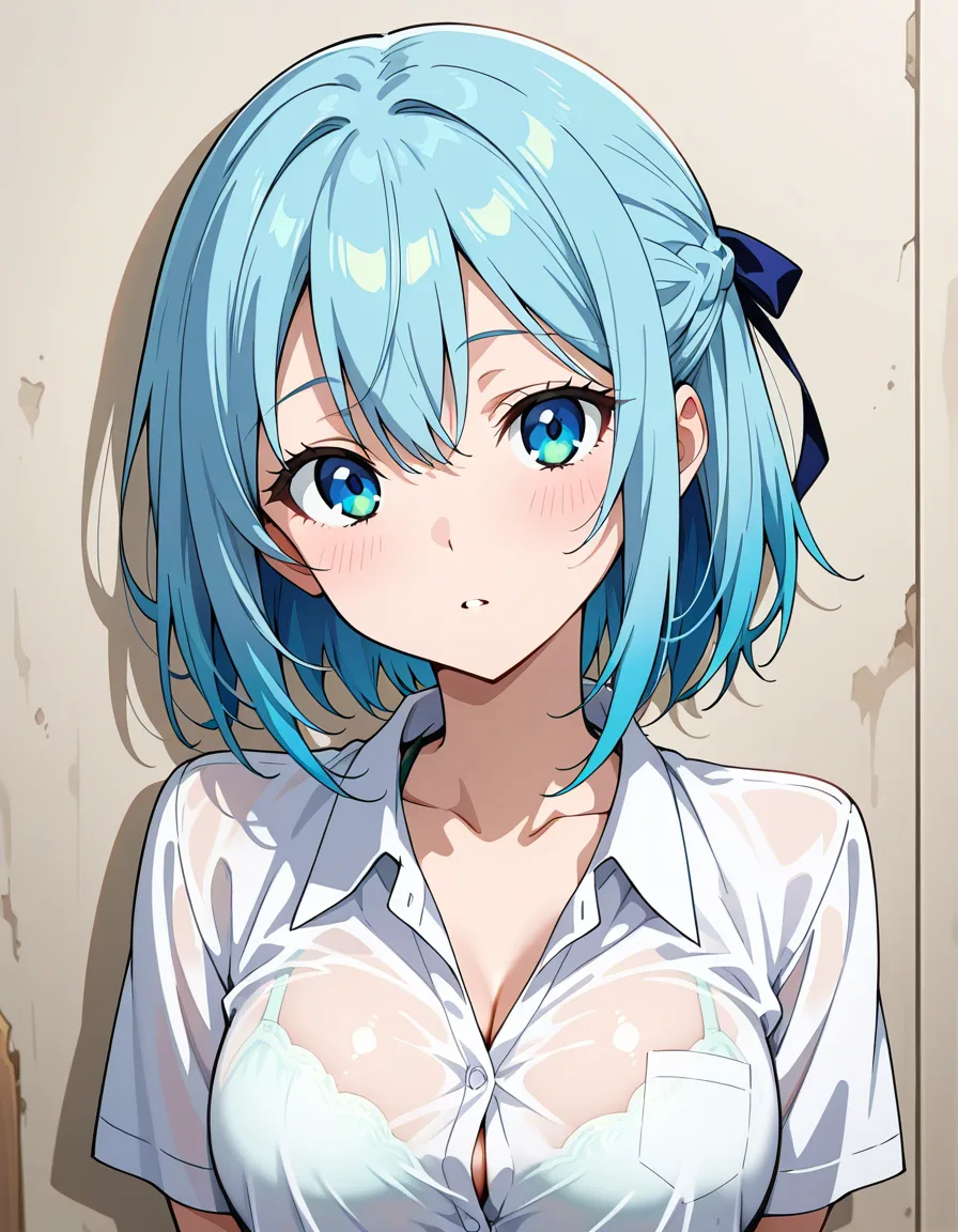 anime girl wearing school uniform has her blouse yanked open, hentai_studio_quality