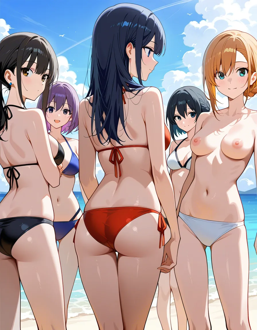 masterpiece, fine detail, 5girls, bikini, topless, dreamy atmosphere, detailed shading, hentai_studio_quality