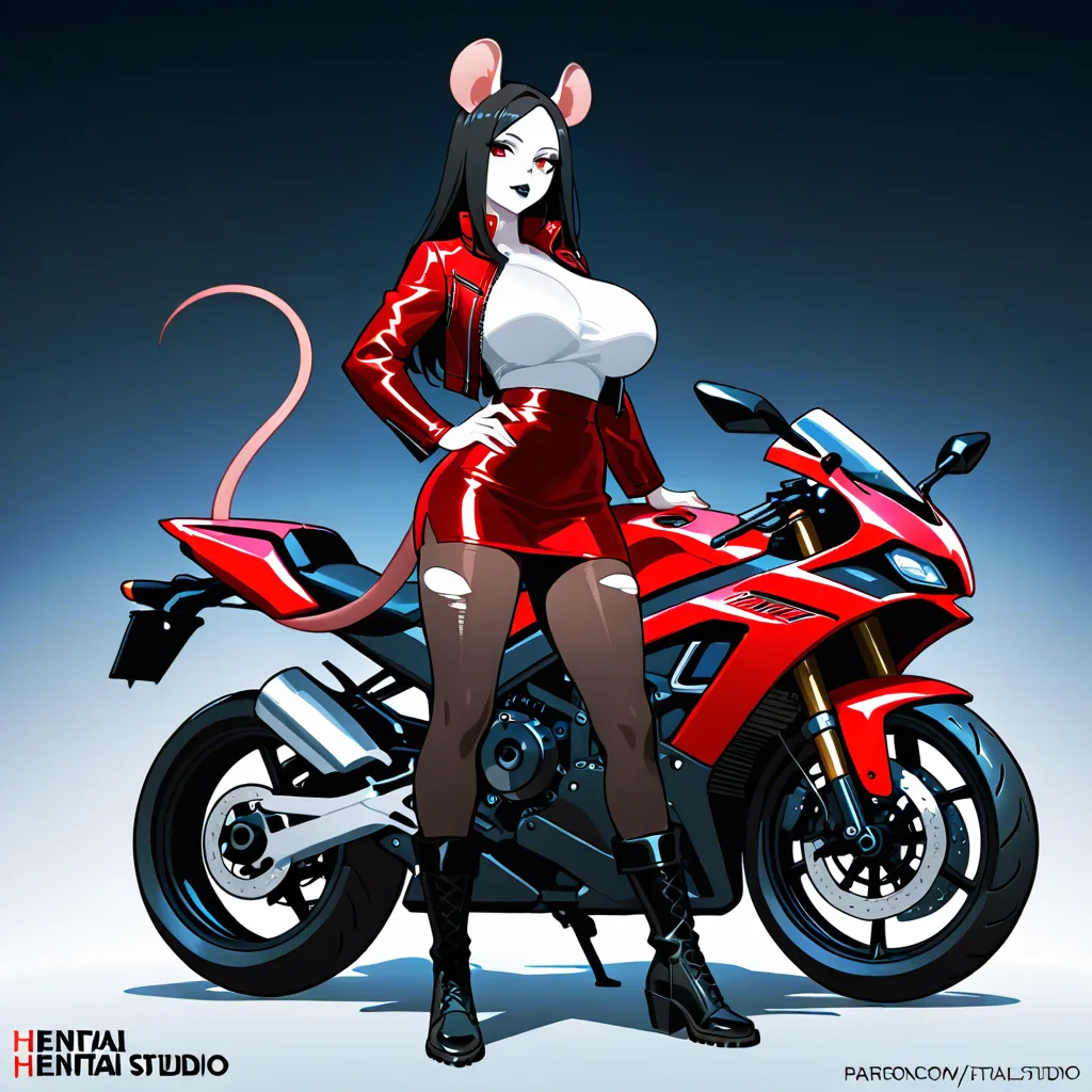 Girl, light white skin, black hair, black eyeliner, black lipstick, red eyes, big breast, rat ears and pink tail, black and red motorcycle jacket, boots, ripped tights, red and gold skirt. She is deepthroating a white mans dick